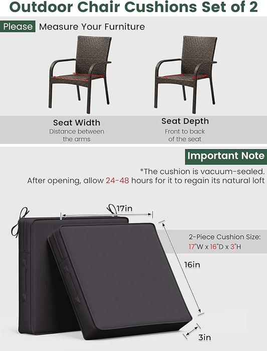 Outdoor Chair Cushion 17 x 16 x 3 Inches Patio Furniture Outdoor Waterproof Seat Cushion, Patio Chair Cushion with Handles and Ties, Square Dining Chair Cushion Set of 2, Grey