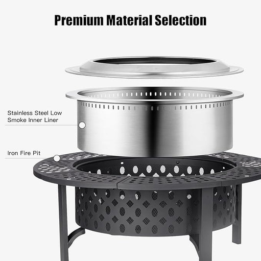 OutVue 47 Inch Smokeless Fire Pit with 2 Grills, Extra Large Wood Burning Fire Pits for Outside with Poker, Heavy Duty Firepit,BBQ& Outdoor Firepit & Round Metal Table 4 in 1 for Patio, Picnic