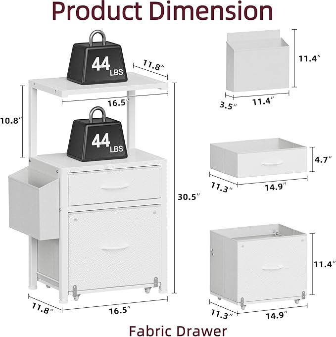 HIGDBFE Filing Cabinet with 2-Tier Printer Shelves, 2 Fabric Drawers File Cabinet with Reversible Side Bag&File Drawer, Printer Stand with Storage for Home Office, White, 16.5" W