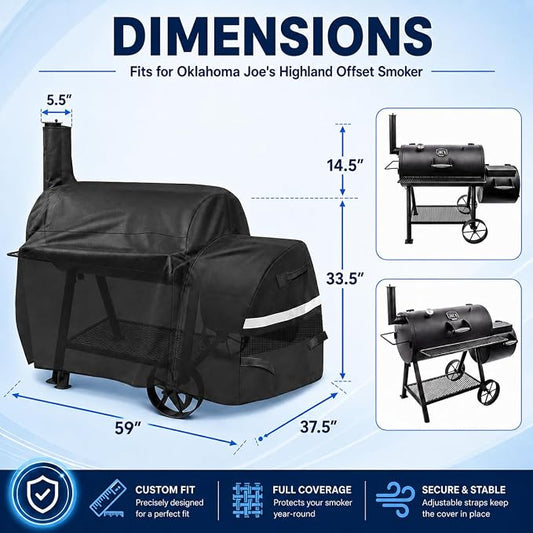 Smoker Cover for Oklahoma Joe’s Highland Offset, Waterproof Grill Cover | Heavy duty smoker cover, 600D PU-coated Oxford, 59"L x 37.5"W x 33.5"H for outdoor charcoal offset smokers with secure straps