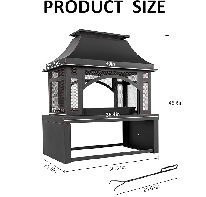 39" Fire Pits with Wood Storage for Outside, Large Wood Burning Outdoor Fireplace with Chimney, Mesh Spark Screen & Fire Poker, Idea for Backyard, Patio, Party, Camping, Picnic