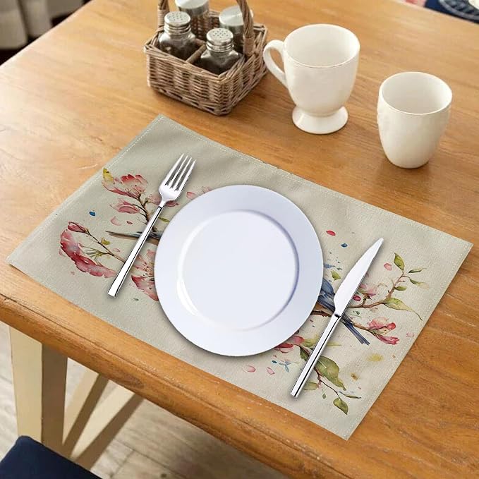 Watercolor Painting Birds Table Mats Set of 4 Spring Pink Flowers Placemats Waterproof Heat Resistant Washable Non-Slip Place Mats for Dinner Room Kitchen Decor Table 12”×16”(Pink)