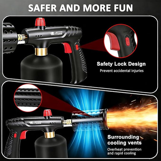 ARTFLAMM Propane Torch with Safety Lock, Powerful Cooking Blow Torch Gun for Grill, BBQ, Sous Vide & Charcoal– Adjustable Flame Cooling Vents Design (Tank Not Included)