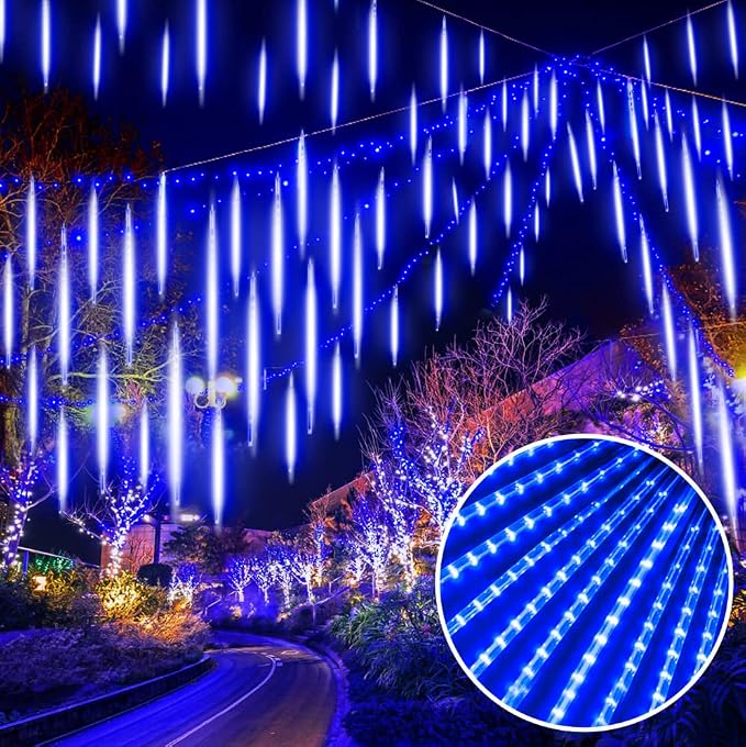 EEIEER Meteor Shower Lights, 11.8 inches 10 Tubes 240 LED Christmas Meteor Lights Snowfall Light for Outdoor Decoration, Waterproof Falling Rain Drop Light for Garden Tree Party Holiday-Blue