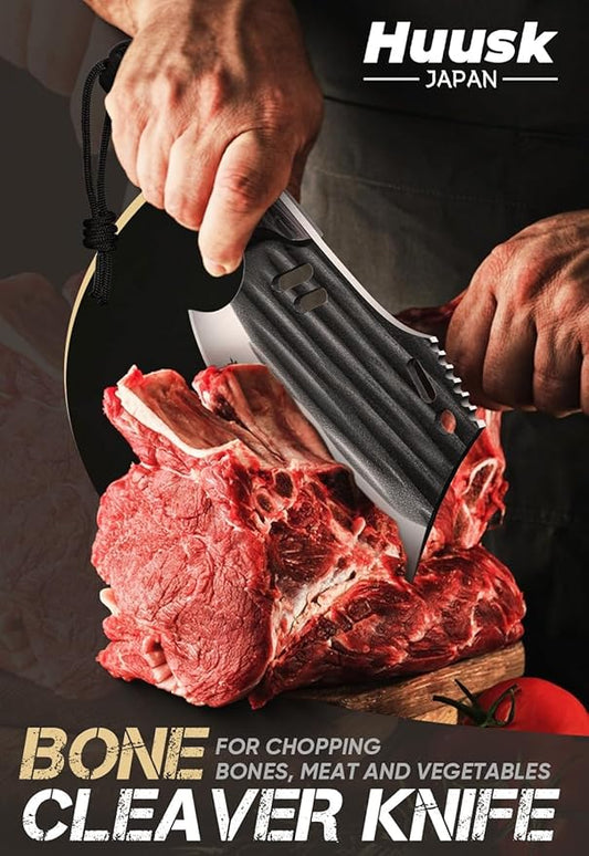 Huusk Butcher Knife for Meat Cutting, Japanese Meat Cleaver with Sheath, Hand Forged Chopping Knife with Full Tang Handle, Heavy Duty Bone Cleaver for Cooking Camping, Gifts Idea Men
