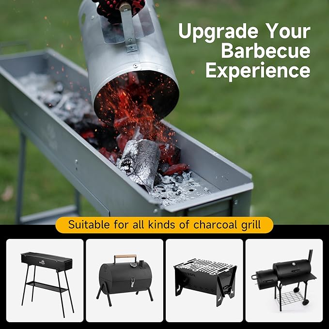 WILLBBQ Charcoal Chimney Starter Great for Fireplace, BBQ, Fire Pits, Barbecues, Chimineas, Campfires, Pizza Ovens - Zinc Steel BBQ Kit, 20 Starters, Heat Resistant Gloves Blower(Bright Silver)