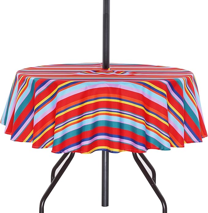 Poise3EHome Round Outdoor Tablecloth with Umbrella Hole and Zipper,Stripe 70 Inch,Polyester SpillProof Washable Table Cloth for Spring Summer Patio Garden Poolside Picnic Camping BBQS
