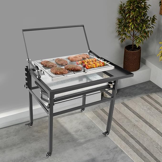 360° Rotating BBQ Charcoal Grill with Wheels, Movable Barbecue Grill Stand-up Detachable Portable Outdoor Charcoal Grill for Camping Garden Commercial Backyard, Heavy Duty Square, 23.6"x16.5" Grid