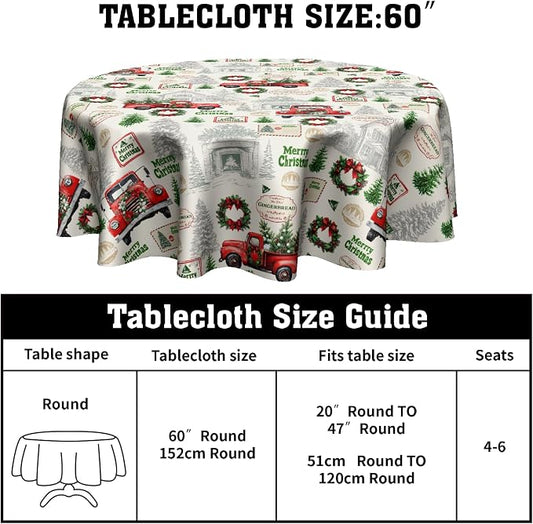 Xmas Red Truck Table Cloth Round Newbridge Green Xmas Pine Hill Tree Tablecloth 70 Inch Decor Washable Stain and Wrinkle Resistant Winter Round Table Cover for Dining Picnic