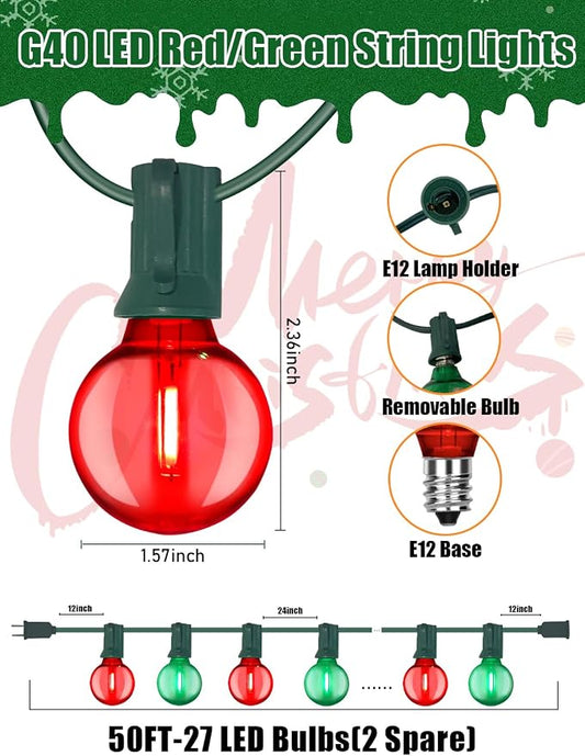 SUNSGNE 50FT Vintage Christmas Lights Outdoor, G40 LED Globe Outdoor Christmas Lights with 27 LED Clear Red Green Bulbs(2 Spare) for Patio Balcony Roofline Decor, Green Wire