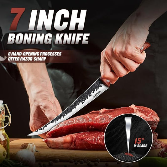 Huusk Fillet Knife for Meat Hand Forged Boning Knives 7 Inch Fish Filet Brisket Trimming Knife with Leather Sheath Japanese Butcher Knife for Fish Chincken Gift for Dad