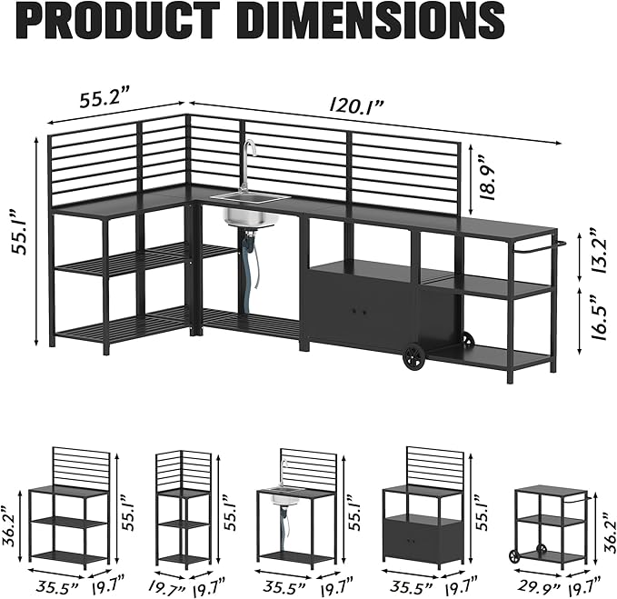 Vikiullf Aluminum Modular Outdoor Kitchen Island with Stainless Steel Sink, Movable Cart and Storage Cabinet, for Backyard BBQ, Porch Party (Black Corner)