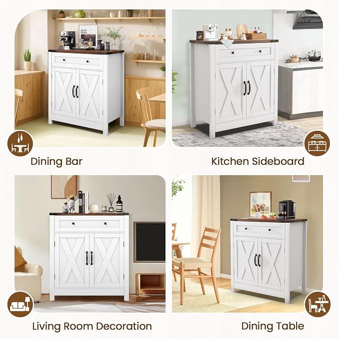 GRUSIGN 30" Coffee Bar Station, Kitchen Sideboard Buffet Cabinet with a Drawer and Adjustable Shelf, Modern Farmhouse Storage Cabinet for Kitchen, Living Room, Entryway, White