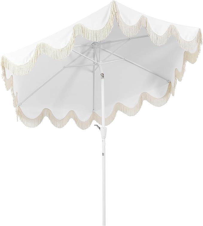 JONATHAN Y UMB1001 Collins 9 ft. Classic Cottage Tassel Market Patio Umbrella with Auto-Tilt, Crank, Wind Vent and UV Protection