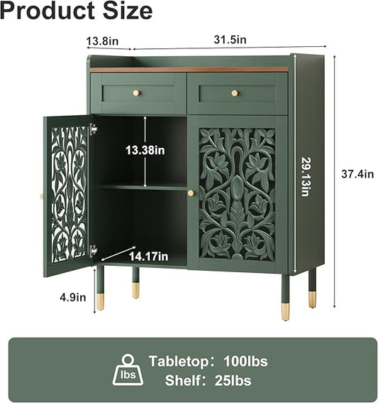 3More Sideboard Buffet Cabinet with Retro Carving Pattern,Kitchen Pantry Storage Cabinet with 1Drawer & 2 Doors,Coffee Bar for Living Room,Kitchen,Dining Room,Green