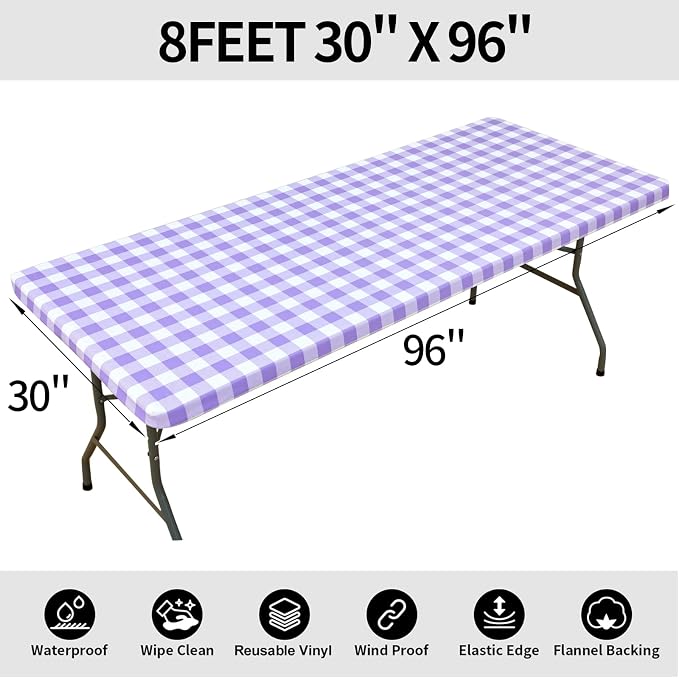 Smiry Rectangle Picnic Table Cloth, Elastic Waterproof Fitted Vinyl Tablecloths, Flannel Backed Buffalo Plaid Table Covers for Dining, Camping, Outdoor (White and Purple, 30" x 96")