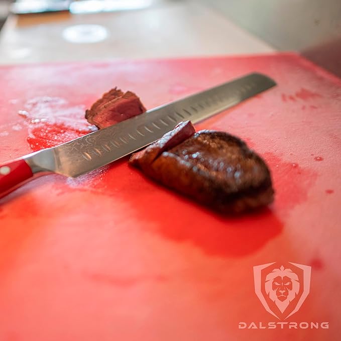 Dalstrong Slicing Carving Knife - 12 inch Granton Edge - Shogun Series - Damascus - Japanese AUS-10V Super Steel Kitchen Knife - Vacuum Treated - Crimson Red ABS Handle - Razor Sharp Knife - w/Sheath