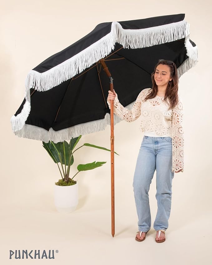 6 Ft Fringe Patio Umbrella - Outdoor Umbrella for Patio, Pool, Table, Garden, Deck, Beach, and Outdoors - Fashionable Boho Vintage Tassels & Wood Print - Push Button Tilt Pole