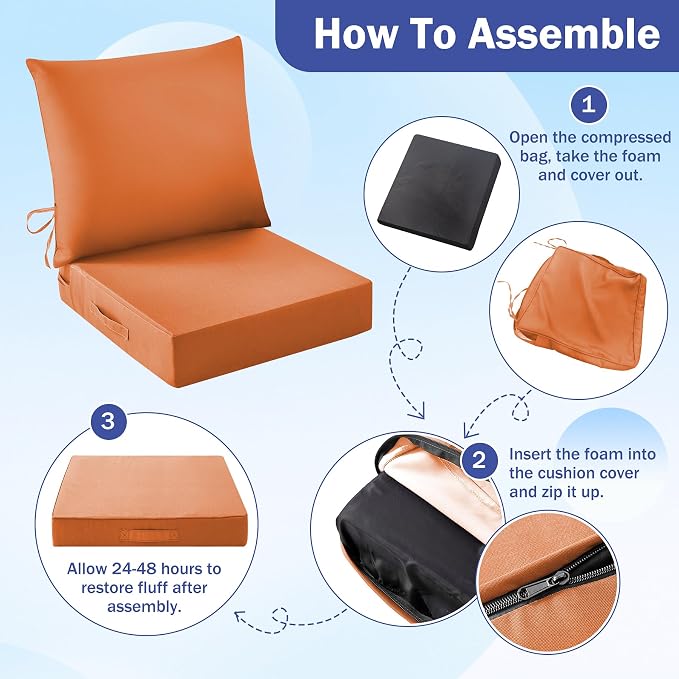 IASEAHK Outdoor Seat Cushion Set, Waterproof & Fade Resistant Patio Chair Cushions, Outdoors Cushion for Patio Furniture, 24 x 24 x 4 Inch, Outdoor Couch Cushions with Handle and Ties, Spice