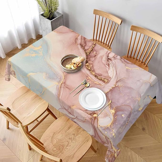 TKS MITLAN Marble Tablecloth 60x84 Inch Rectangular Abstract Pink Golden Waves Marble Pattern Oblong Table Cloth Kitchen Table Decorations for Home Dinner Party