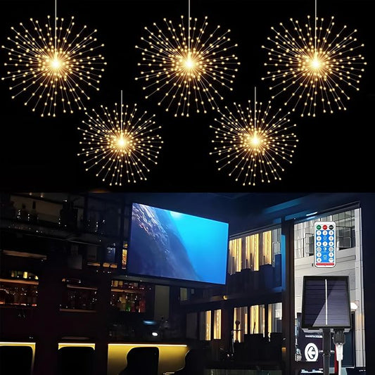 GTSYDING 5 Pack Solar Firework Lights, 450 LED 8 Modes Dimmable Waterproof Hanging DIY Starburst Fairy Lights with Remote Timer for Garden Indoor Outdoor Decoration (Warm White, 450)