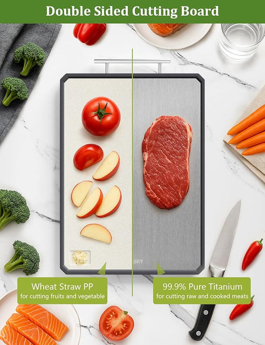 Titanium Cutting Boards for Kitchen, 2 in 1 Non Toxic Cutting Board, Food-Grade Double Sided Pure Titanium & Wheat Straw PP Chopping Board for Meat/Vegetables, Dishwasher Safe Large 16.3”×11-1 PC