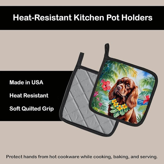 Caroline's Treasures Sussex Spaniel Luau Pair of Pot Holders Kitchen Heat Resistant Pot Holders Sets Oven Hot Pads for Cooking Baking BBQ, 7 1/2 x 7 1/2