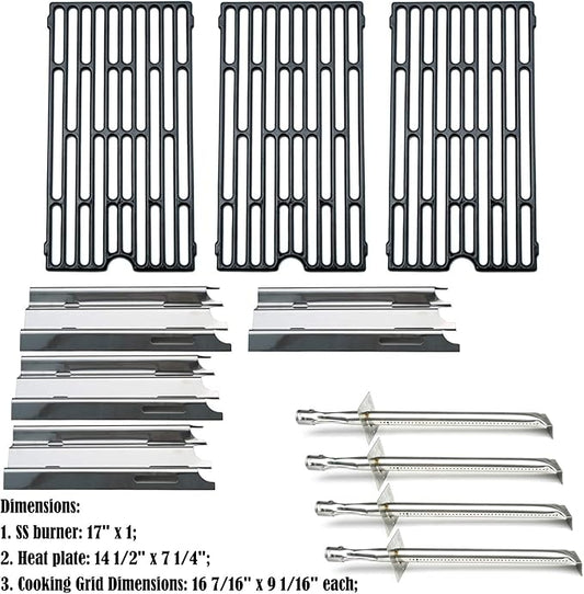 Parts Kit DG207 Replacement for select Vermont Castings grills, 17" Burner 4pcs, 14 1/2" x 7 1/4" Heat Plates 4pcs, set of 3 Cooking Grill Grids, 16 7/16" x 9 1/16" each grid