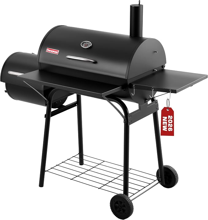 Charcoal Grill with Offset Smoker, 744.5 Sq. In. Outdoor BBQ Grill | Side fire box, 4-position adjustable charcoal pan, thermometer, warming rack, side table, wheels and storage rack