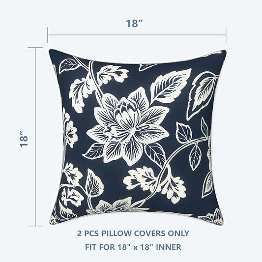 LVTXIII Outdoor Throw Pillow Covers Set of 2, Patio Waterproof Pillow Cases Fade Resistant Accent Pillow Covers for Home and Garden Furniture Decoration, 18"x18", Elegant Vines Navy