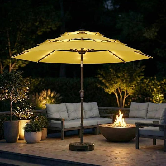 10ft 3-Tier Patio Umbrella with 32 Solar Powered LED Lights, Windproof Outdoor Market Umbrella for Deck, Poolside & Garden, Sturdy Push-Button Tilt Table Umbrella, Yellow