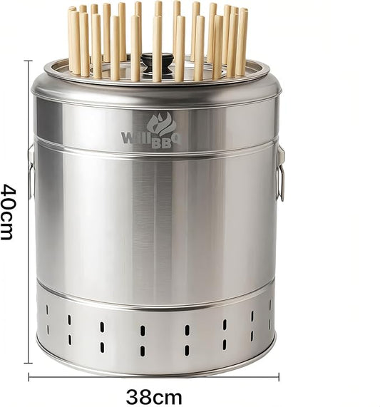 WILLBBQ Large Hanging Charcoal Grills, 360° Barrel Smoker, Stainless Steel Double-Wall Insulated, Portable for Outdoor Camping Patio (Silver)