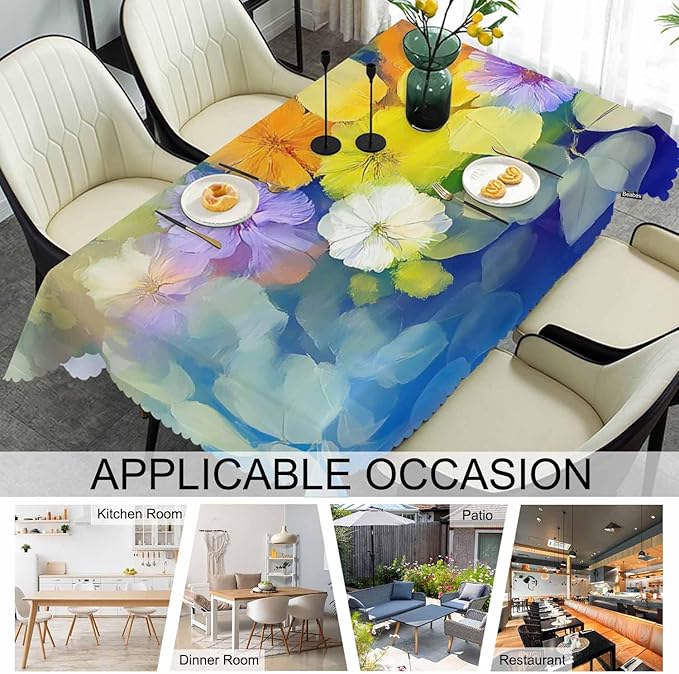Tablecloth Abstract Floral 52 X 70 Inch, Watercolor Flowers Blur Blue Yellow Oblong Table Cloths Anti-Shrink Decorative Table Cover for Kitchen Dinning Tabletop Outdoor Picnic BBQ