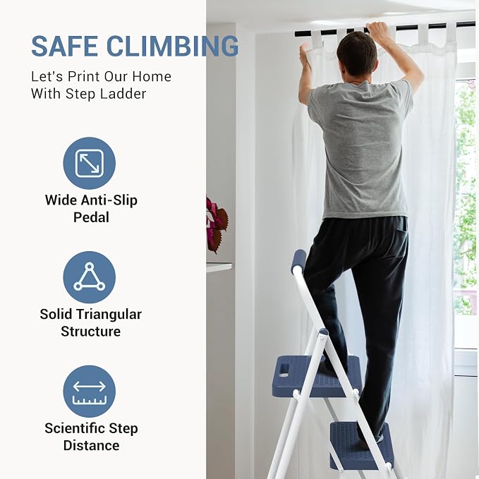 DUMOS Step Ladder, 2 Sturdy Step Stool with Anti-Slip Pedal & Comfortable Handrail, Portable Heavy Duty Stool for Kitchen, Garage & Outdoor, 800lbs, Calm Blue