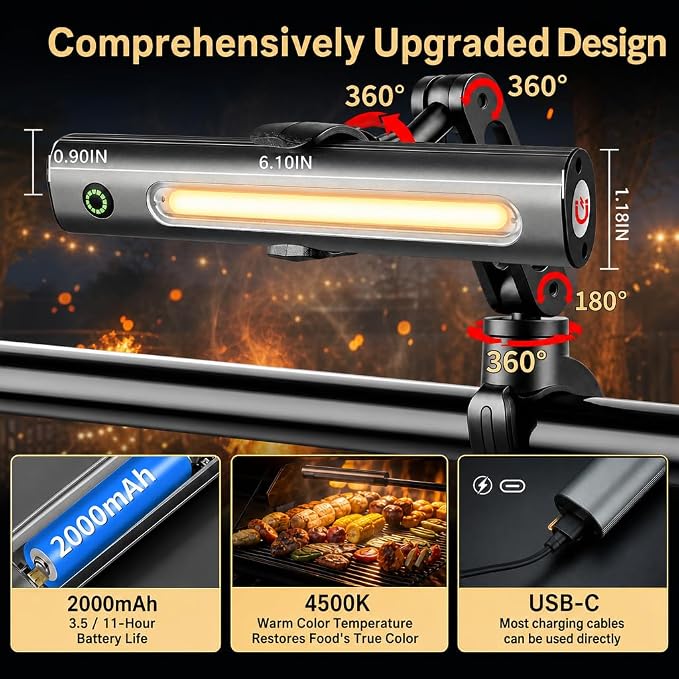 BBQ Grill Light Designed for Blackstone & Weber Grill, Blackstone Griddle Accessories, Rechargeable LED Light for Outdoor Grill Lighting, Smoker BBQ Grilling Gift for Men & Dad (Silver Gray)