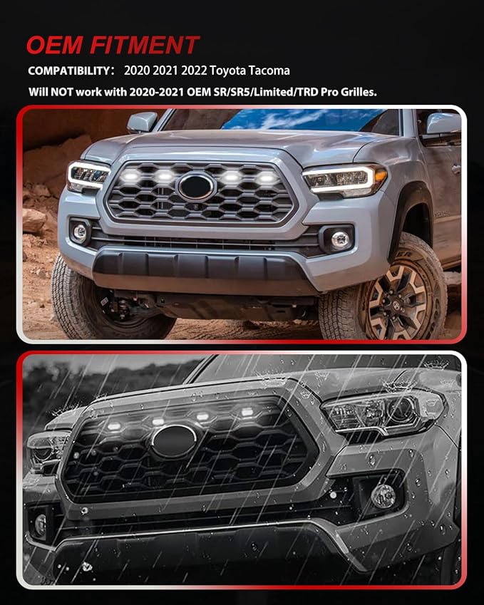 4Pcs White LED Grill Lights Kit for 2020-2022 Toyota Tacoma | for TRD Off-Road & Sport OEM Grille,Black Shell, w/ Wiring Harness,Not for 2020-2021 OEM SR/SR5/Limited/TRD Pro Grilles