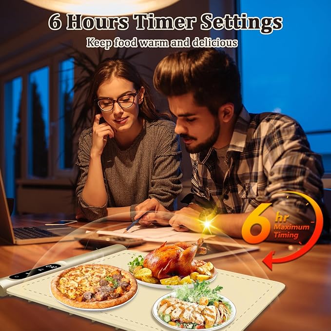 Newise Upgrade Graphene Warming Mat for Food, Electric Warming Tray Rapid Heating with 6 Temps &Timer Settings, Portable Food Warming Mat for Countertop Buffets Party, Beige