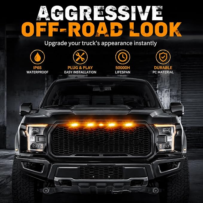 LED Front Grille Position Light, Side Marker Assemblies, Amber | For Ford F150 F250 F350 and Ram 1500, Exterior, 2004-2019
