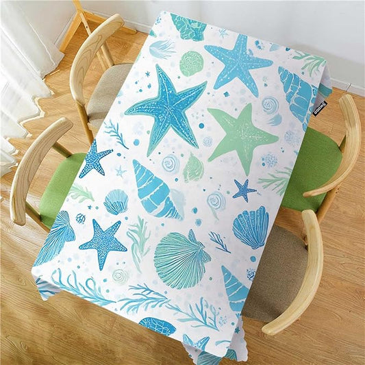 Swono Seashells Blue Rectangular Tablecloth Summer Ocean Shellfish Starfish Washable Table Cloth Kitchen Dining Room Table Cover for Party Dinner 50x72 Inch Tablecloths