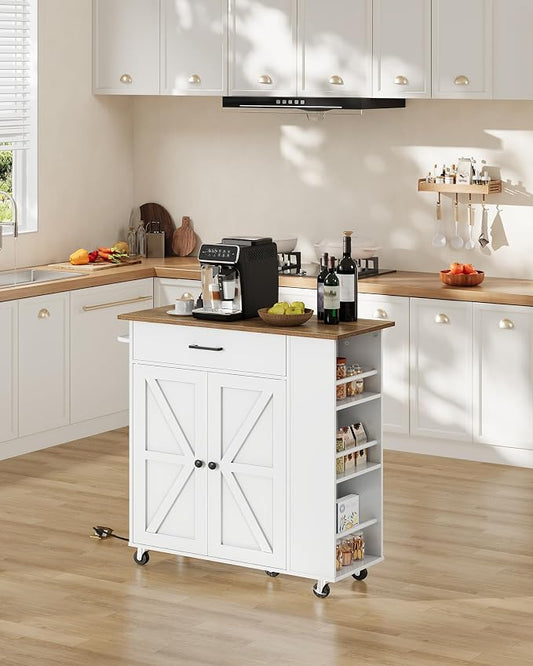 CHOEZON Kitchen Island Cart with Storage, Bar Cart with Charging Station, Kitchen Island on Wheels, Rolling Mobile Table with Cabinet, 3 AC Outlets, White and Walnut MZD04UWL