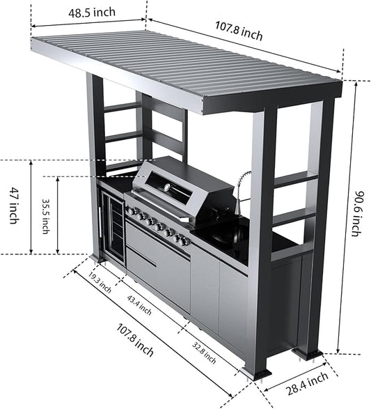 108-inch modular outdoor kitchen bar, 6-burner 85,000 BTU stainless steel outdoor kitchen grill island, refrigerator, grill, granite countertop, storage cabinets (Silver, 108"(Propane Gas))