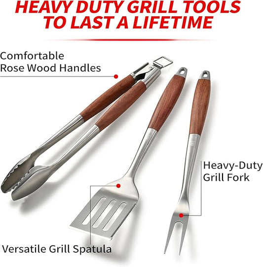 GRILAZ Heavy-Duty Rose Wooden BBQ Grilling Tools Set. Extra Thick Stainless Steel Multi-Function Spatula, Fork & Tongs | Essential Accessories for Barbecue & Grill. Ideal Gift for Fatherโฆ