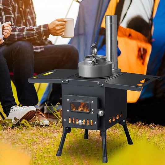 Wood Burning Camping Stove, Portable Cast Iron BBQ Grill Outdoor Cooking with Chimney Pipe, Black Wood Stove for Outdoor Cooking, Camping, Heating, Bonfire & Picnic