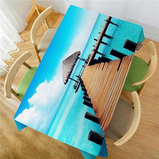 Swono Wooden Dock Rectangular Tablecloth Ocean Beach Tropical Island Seashore Washable Table Cloth Kitchen Dining Room Table Cover for Party Dinner 50x72 Inch Tablecloths