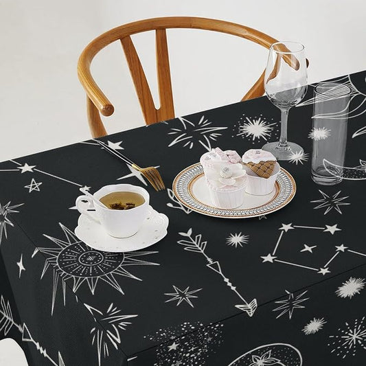 Sun Moon Tablecloth Boho Astrology Celestial Star Crescent Galaxy Space Table Cloth Water Resistant Wipeable Table Cover for Picnic Party Holiday Kitchen Dinner Table 55"x55"