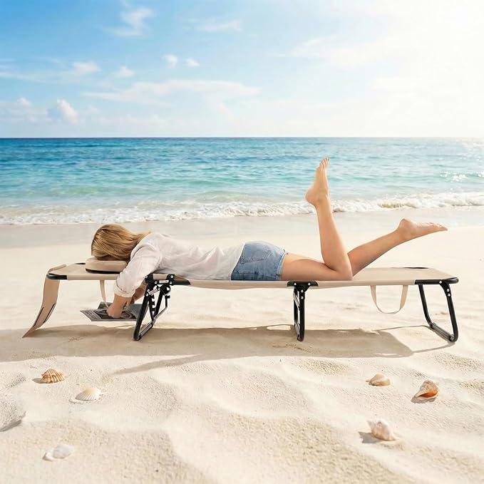 GYMAX Tanning Chair, Folding Lounge Chairs with Face Hole & Cover, Removable Pillow Carry Handle, Portable Compact Outdoor Layout Recliner for Beach, Poolside, Lawn, Patio, Camping (Sand,2)