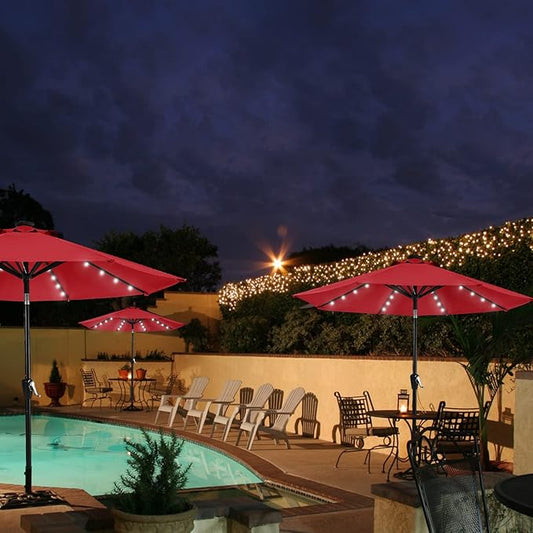 MASTERCANOPY 11FT 8Ribs Patio Umbrella with 32 Solar LED Lights, Outdoor Market Umbrella with Tilt & Crank, UV Protection & Fade Resistant Fabric, Easy Set-Up for Garden, Deck, Pool (Red)