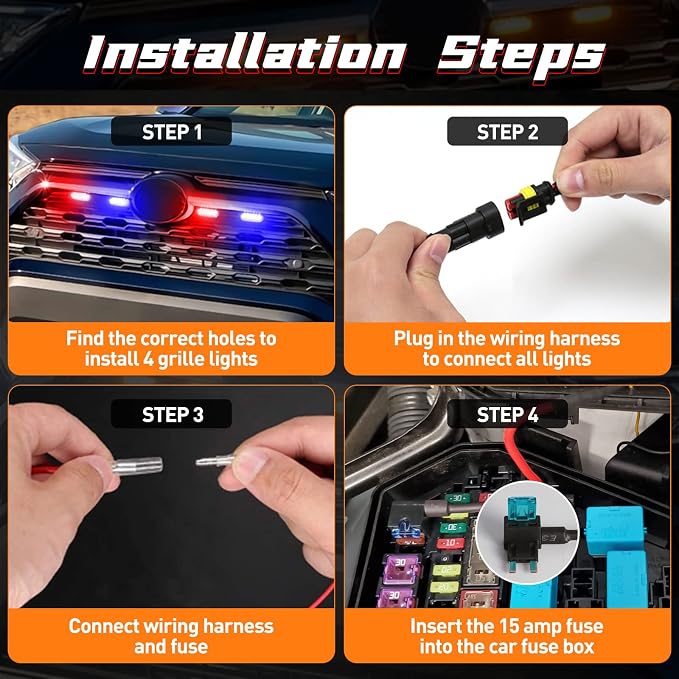 LED Grille Lights For Toyota RAV4 2019 2020 2021 2022 Smoked Shell Red and Blue Grill Light 4 Pcs, Plug and Play