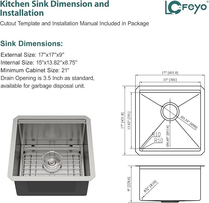 17x17 Inch Undermount Wet Bar Sink Square Workstation Kitchen Sink, Single Bowl 16 Gauge Stainless Steel for RV, Camper Van, Outdoor Kitchen, Basement Bar, or Small Home Kitchen