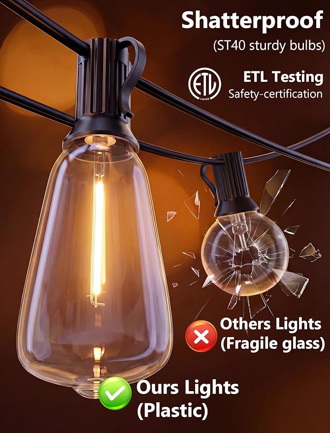 GOOTHY LED Outdoor String Lights 45Ft Patio Lights with 32 Shatterproof ST40 Vintage Edison Bulbs (2 Spare), Hanging Outdoor Light UL Listed for Porch Garden Backyard Balcony Decor